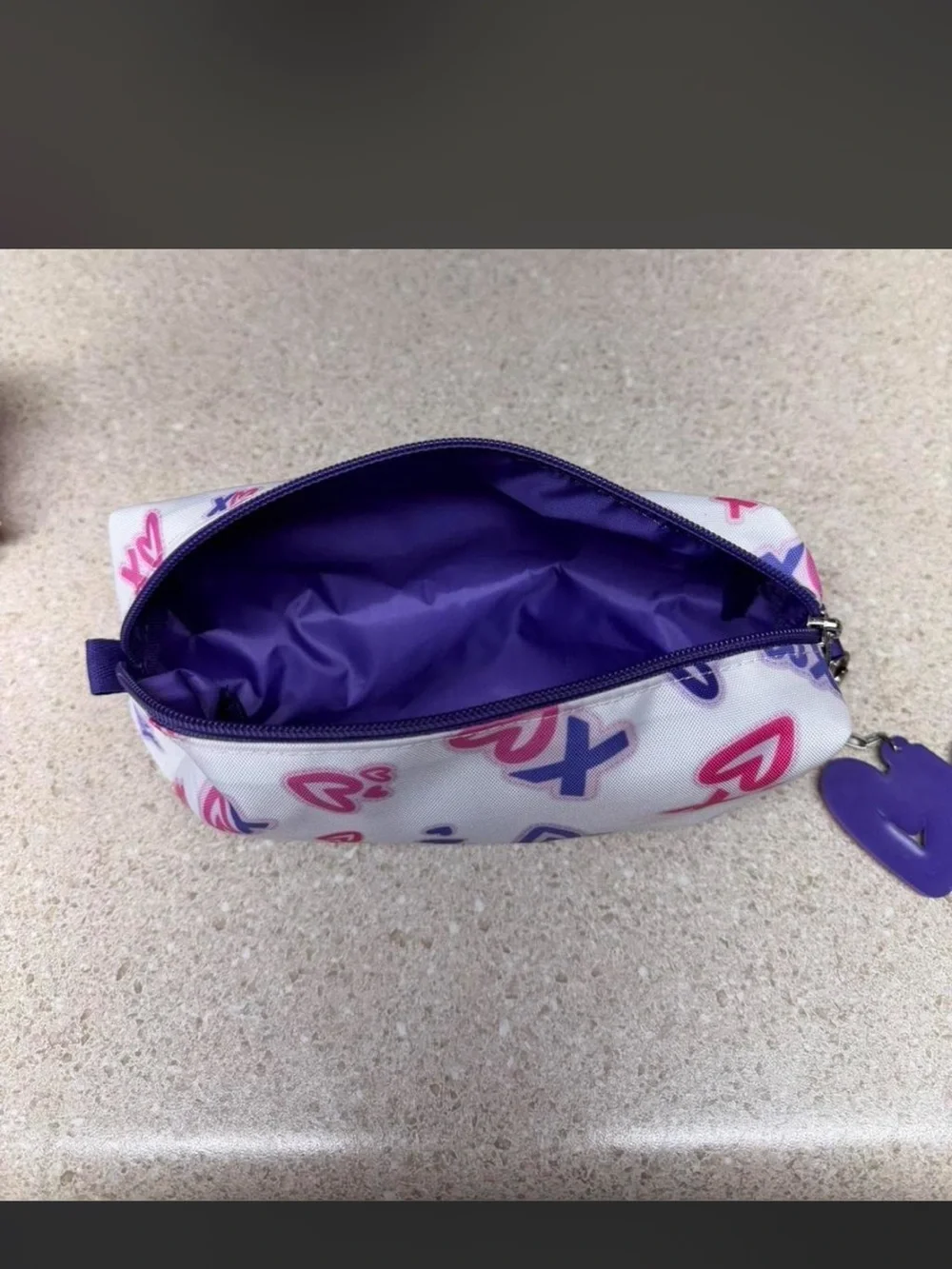 No match make up bags ,Xo Pattern White Cosmetic Pouch with Pink & Purple Charm